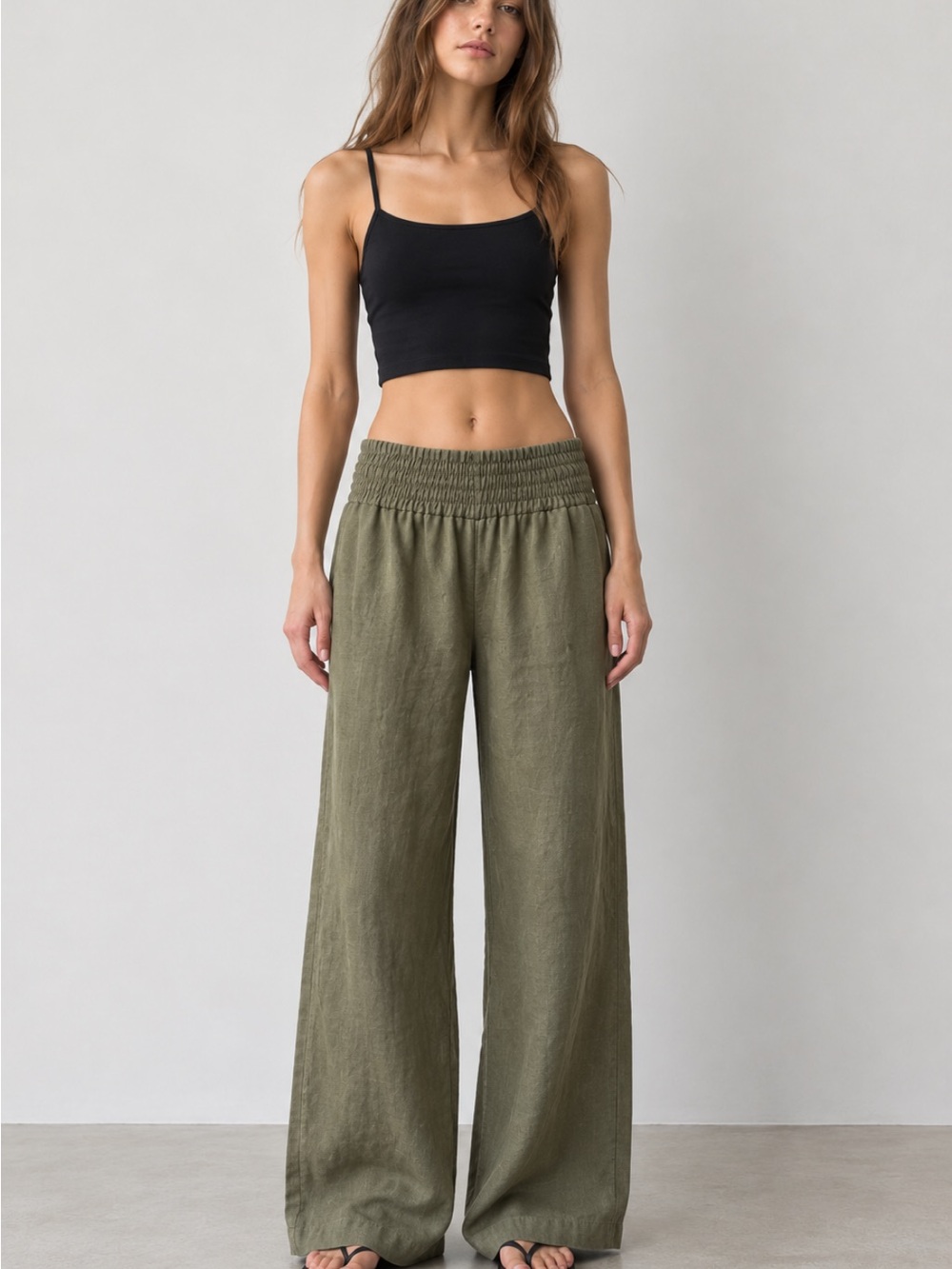 TNA 100% Linen Olive Wide Leg Smocked Waist Pants Size 8